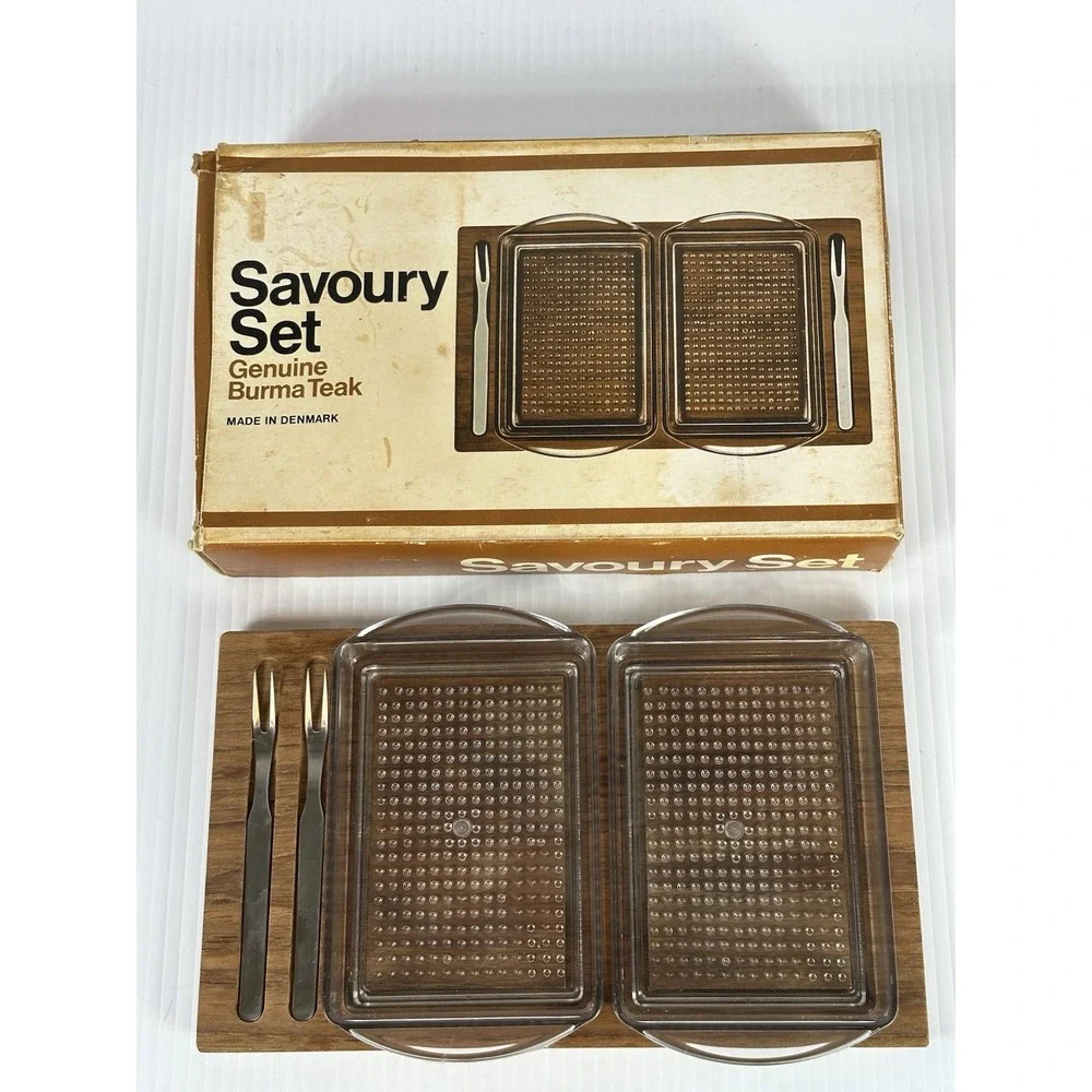 Vintage‎ Genuine Burma Teak Serving Set 5 Piece Made In Denmark Savoury Set NIB